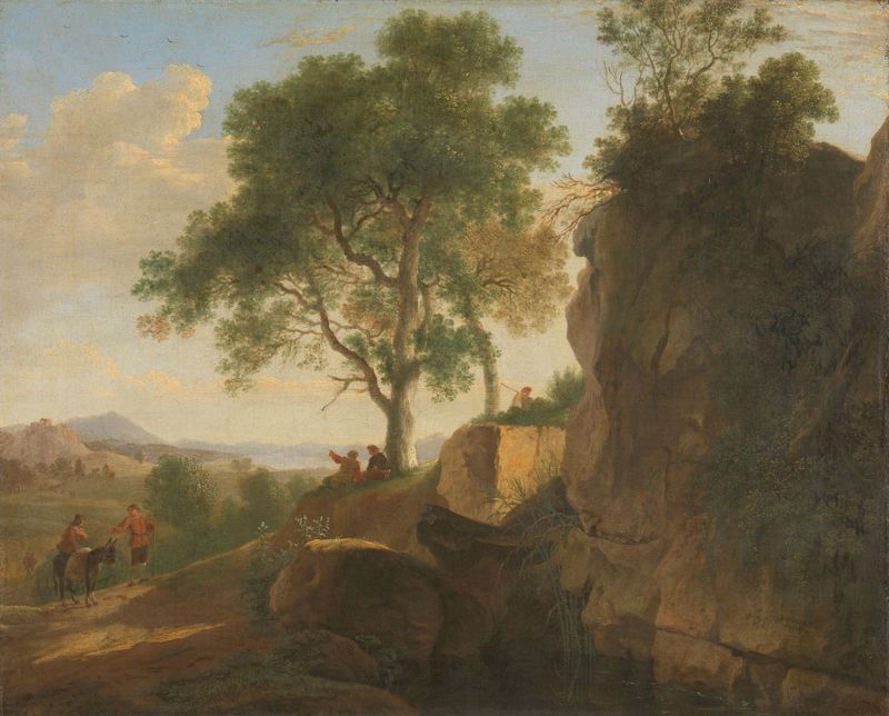 Italian landscape by Herman van Swanevelt, oil painting depicting rolling hills and vibrant sky.