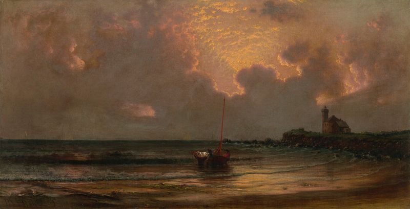 Sunset at Point Judith Light, óleo sobre tela de Martin Johnson Heade, representando um pôr do sol sobre o oceano.