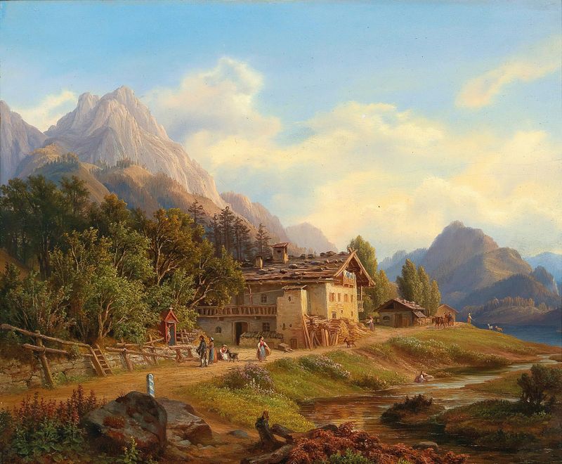 Tranquil lake and mountains by Anton Schiffer, oil painting.