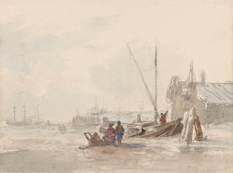 Marine scene with fishermen and a boat on the beach by Louis Meijer, oil painting