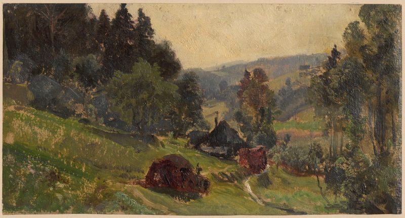Vale montanhoso com um caminho levando a uma fazenda, pintura a óleo de Adolf Dressler