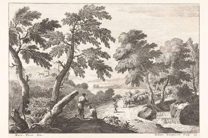 Landschap met herders op weg langs kleine waterval, etching by Giuliano Giampiccoli