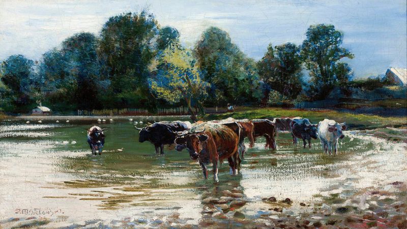 Cows wading in the river, oil on canvas by Stanisław Masłowski