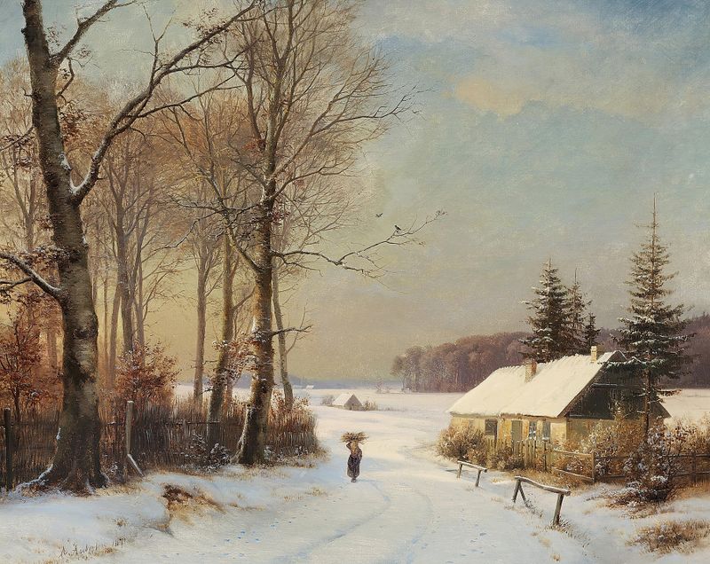 Winter landscape with a figure beside a house, oil painting by Anders Andersen-Lundby