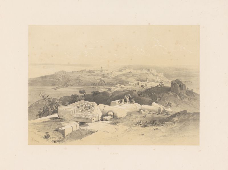 Gaza de François Stroobant, óleo que representa arquitectura antigua con cálida luz dorada.