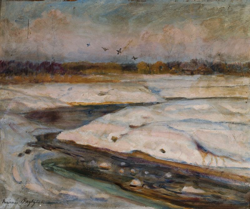 Paisagem de inverno com um rio meandrante, óleo sobre tela de Wacław Nowina-Przybylski