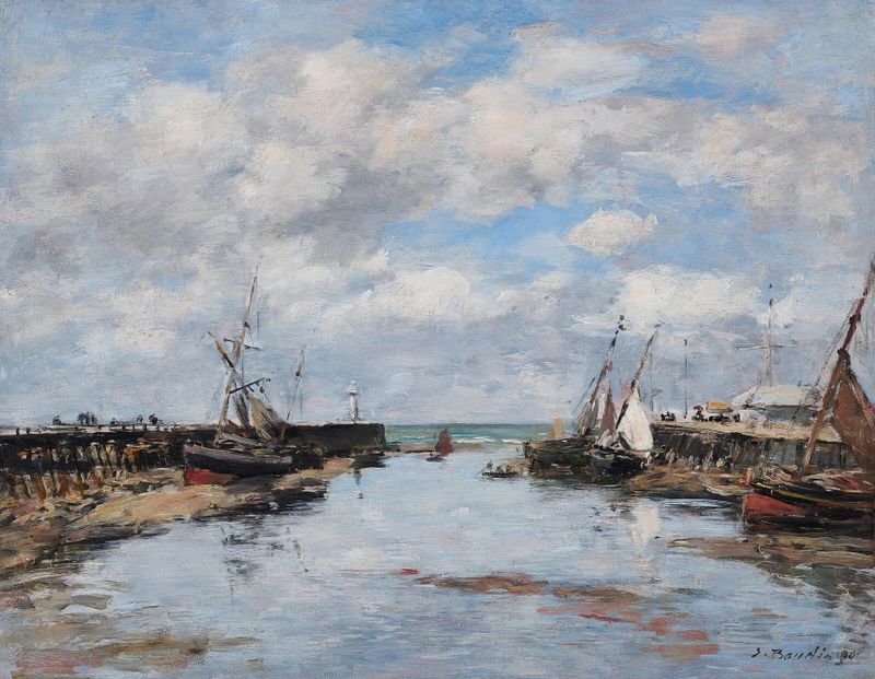 Escena marina con mar tranquilo y playa de arena, pintura al óleo de Eugène Boudin