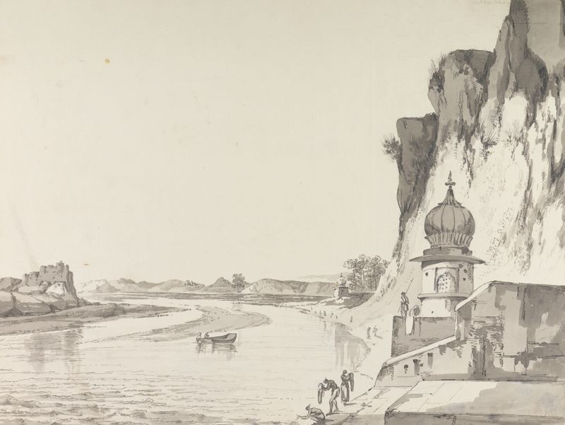 Desenho de paisagem por William Hodges, representando montanhas e vales.