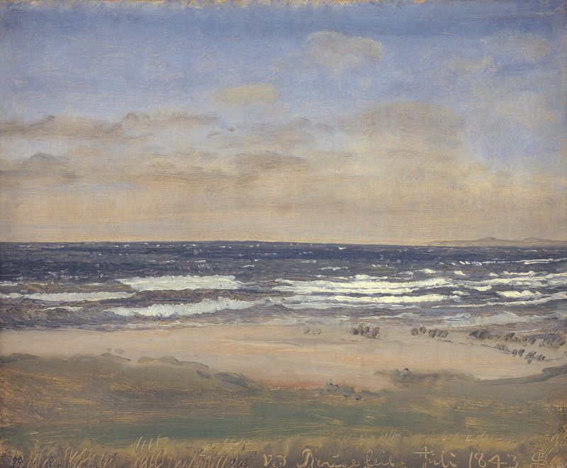 La Playa en Rågeleje de P. C. Skovgaard, óleo que muestra olas y costa.