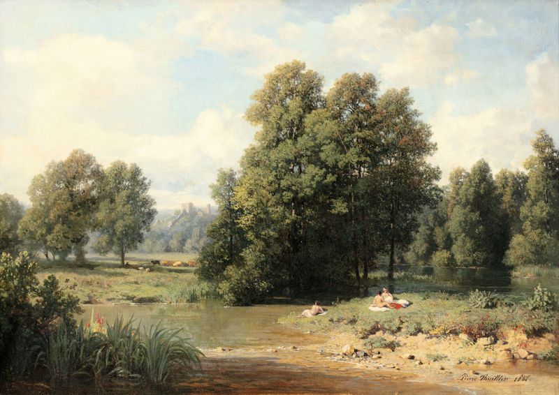 Landscape by Pierre Thuillier, oil painting depicting rolling hills in soft greens and browns.