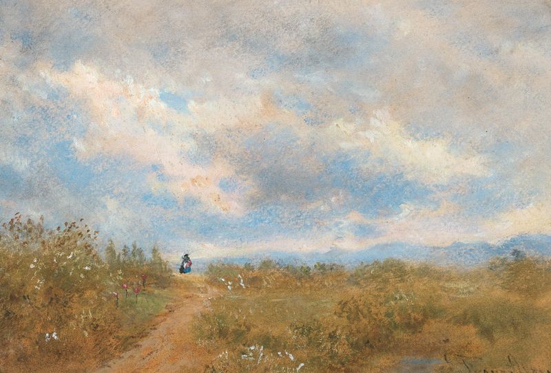 Un paisaje de verano de Franz Alt, que muestra árboles y un prado en estilo impresionista.