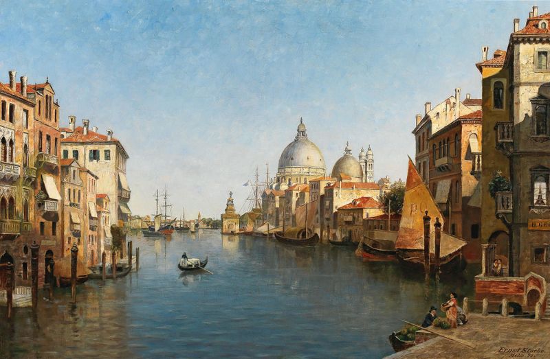 Venecia, Una vista del Gran Canal de Ernst Stache, óleo sobre lienzo que muestra edificios serenos y reflejos en el agua.