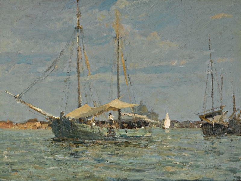 The Green Fishing Boat by Emma Ciardi, oil on canvas depicting a green fishing boat on calm water.