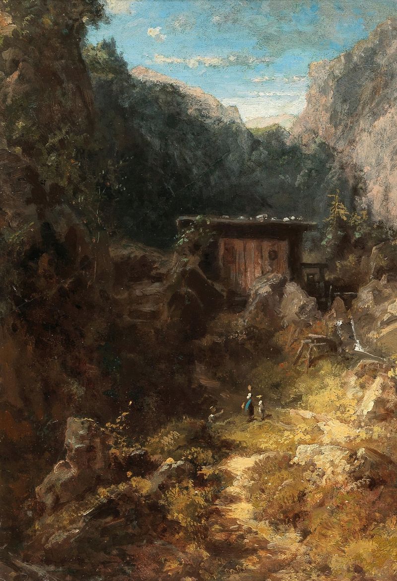 Pintura a óleo de Carl Spitzweg retratando uma paisagem montanhosa com um moinho