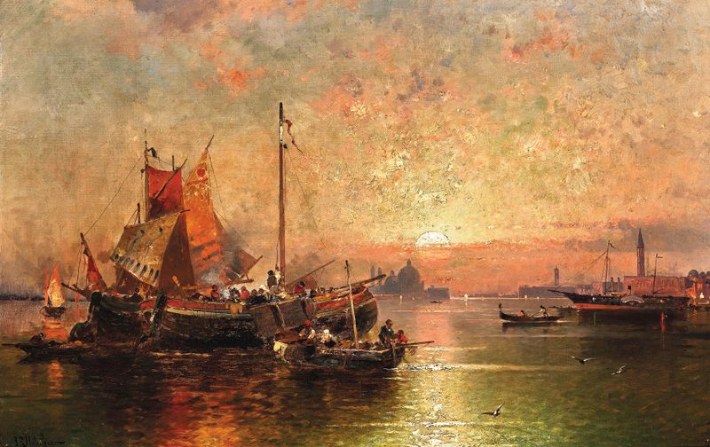 Escena marina con una góndola en la Laguna Veneciana, pintura al óleo de Franz Richard Unterberger