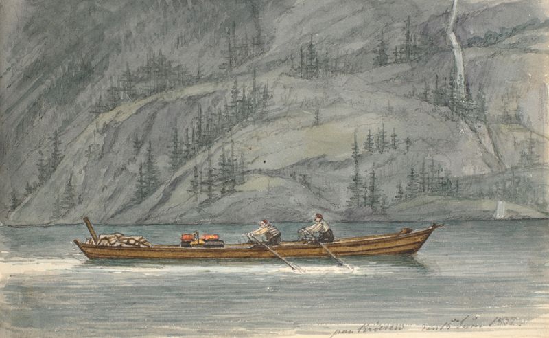 Fjordlandskab med robåd by Martinus Rørbye, oil on canvas depicting a tranquil fjord scene.