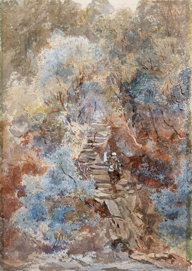Man walking down cliff steps in oil on canvas by Frances 'Fanny' Wilmot Currey