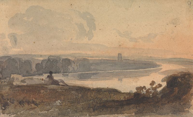Paisagem com rio sinuoso e figura na colina, pintura a óleo de Thomas Sully