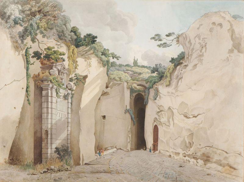 The Grotto at Posillipo by William Pars, oil painting depicting a rocky entrance with vines and sunlight.