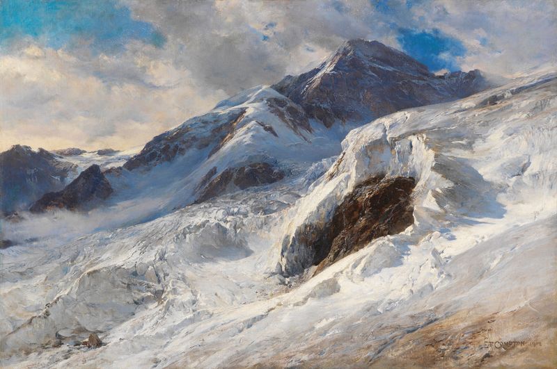 Lyskamm (Monte-Rosa) oil painting by Edward Theodore Compton depicting snow-capped mountains and golden light.