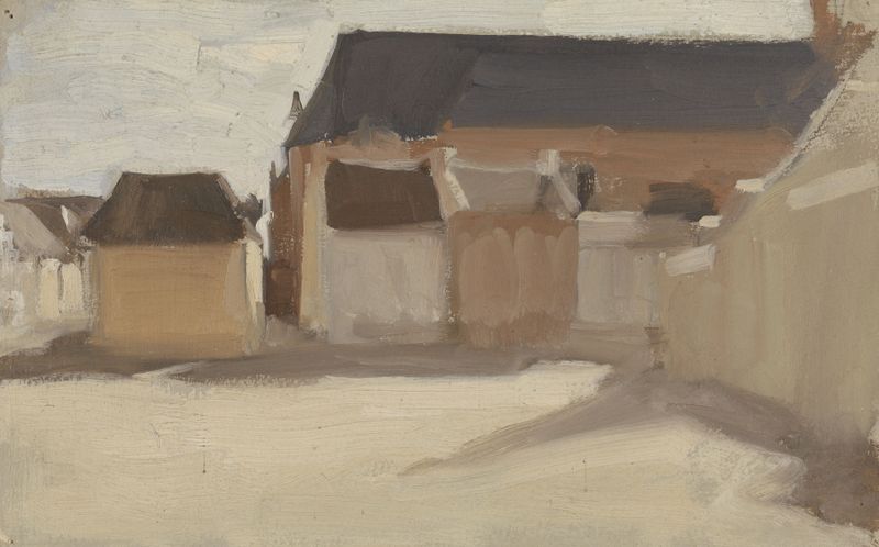Village square with buildings, oil on canvas by Antoon Derkinderen