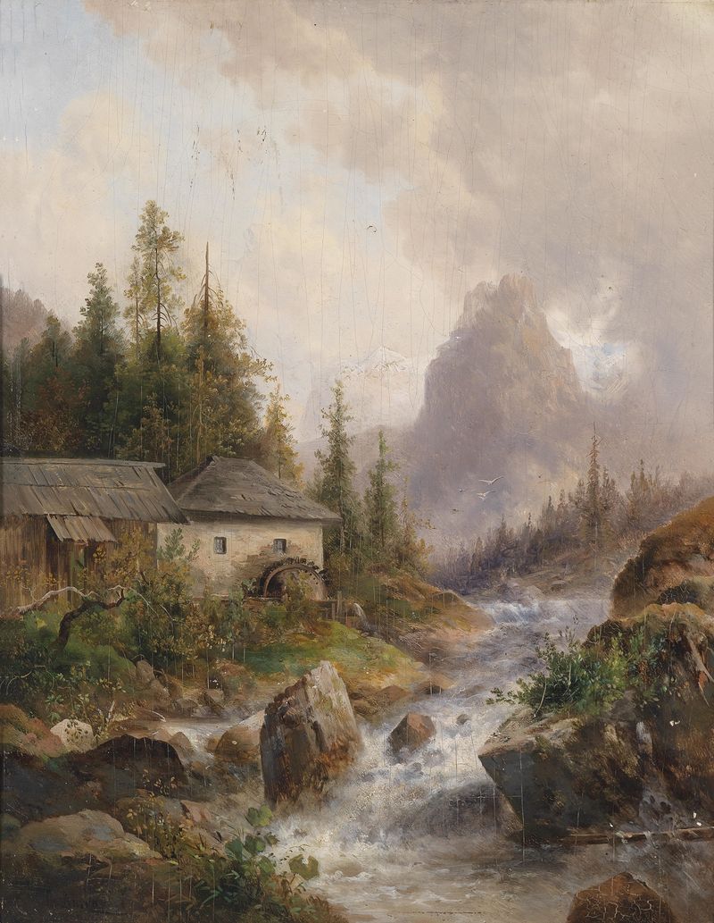 Landscape depicting a mill in soft light, oil painting by Emil Barbarini