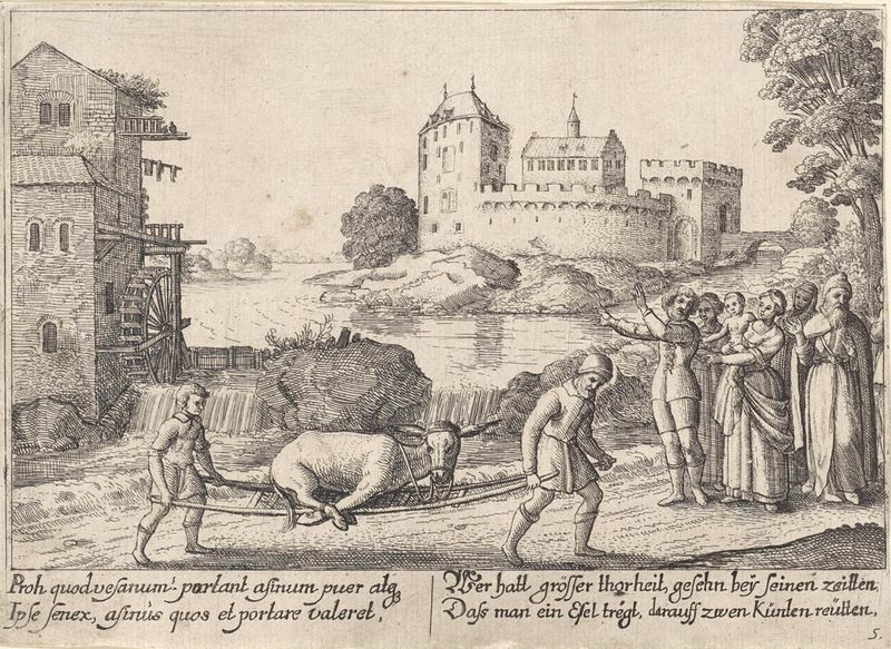 Gravura de Wenceslaus Hollar mostrando um fazendeiro e seu filho carregando um fardo.