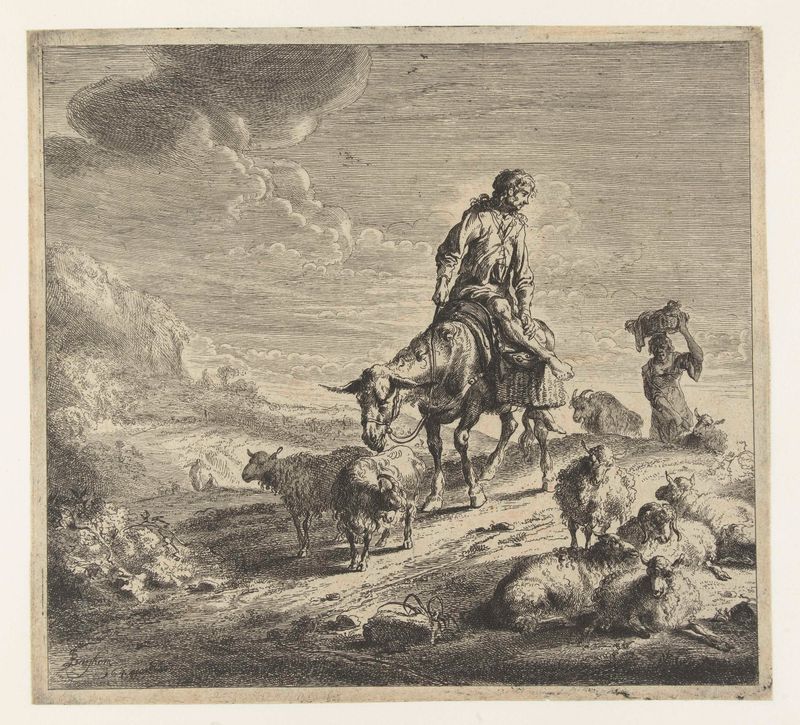 Man op een ezel grabado de Nicolaes Pietersz Berchem, que presenta a un hombre en un burro en un entorno natural.