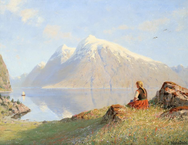 Landscape of a fjord with hills and sunlight by Hans Dahl, unknown medium
