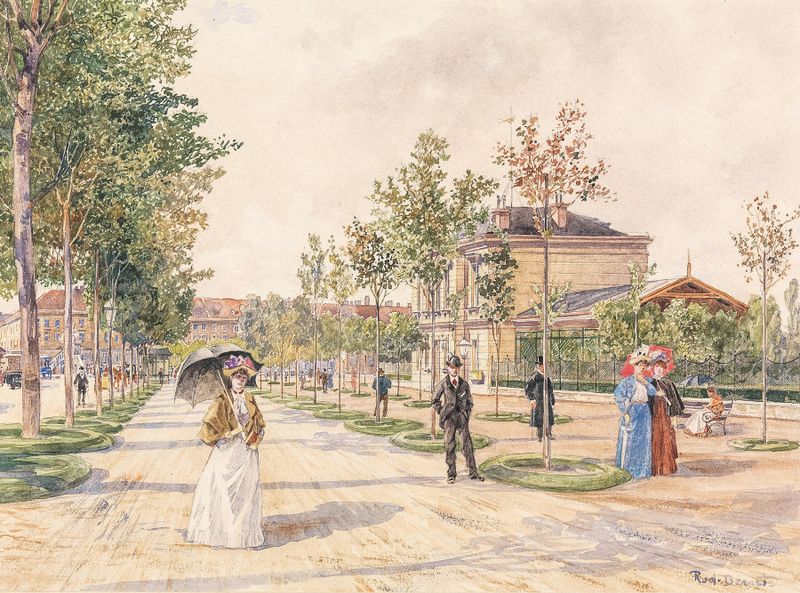 Leisurely stroll scene with figures under trees, oil on canvas by Rudolf Bernt