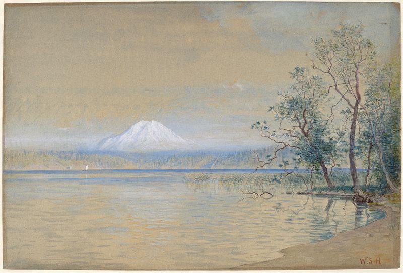 Mount Tacoma by William Stanley Haseltine, oil on canvas depicting a serene landscape with mountains and lake.