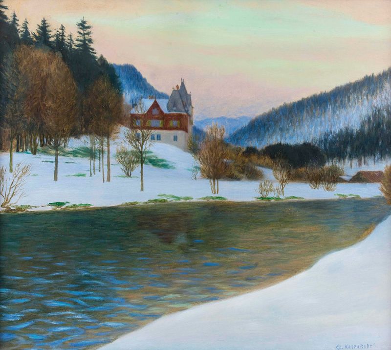 Jagdschloss Mürzsteg, oil on canvas by Eduard Kasparides, depicting a summer landscape.