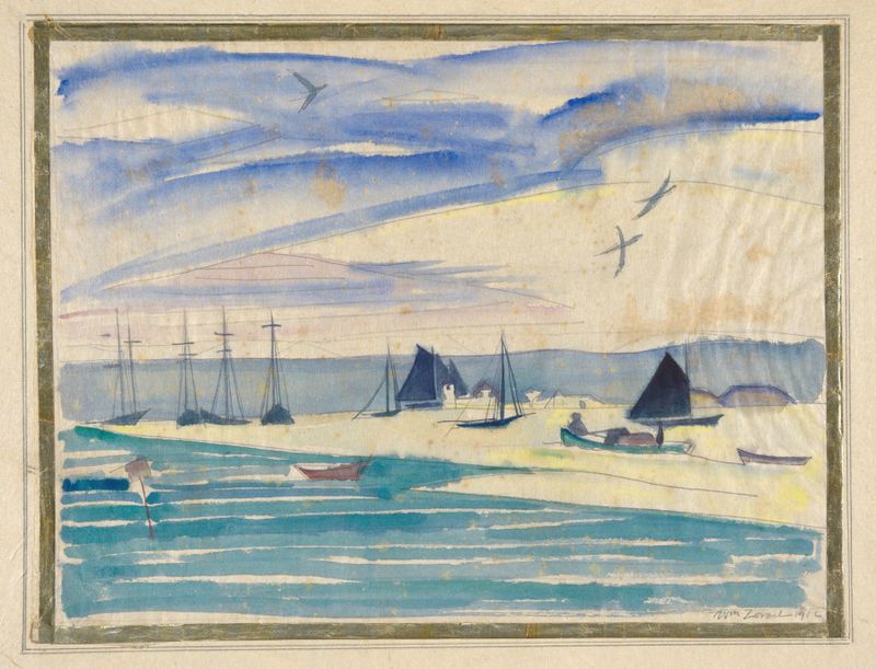 Harbor Scene by William Zorach, oil painting of boats on tranquil water with soft sky hues.