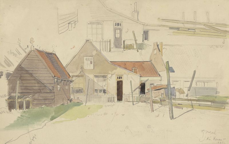 watercolour by Jan H.L. Hanau depicting houses in Amsterdam