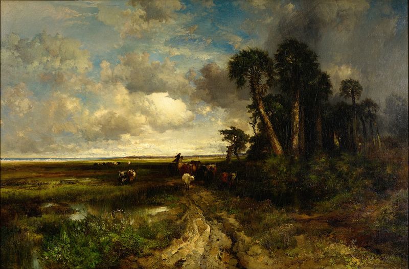 Bringing Home the Cattle de Thomas Moran, pintura a óleo com gado em uma paisagem tempestuosa
