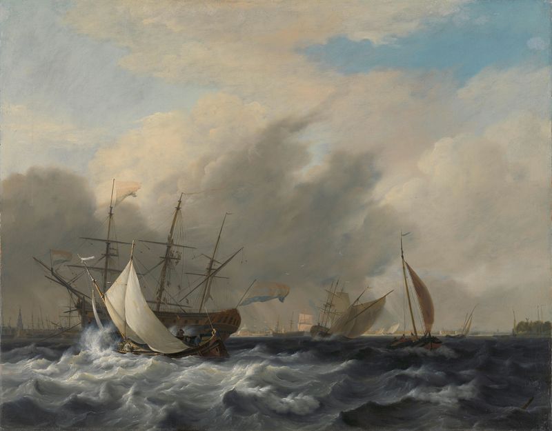 The Navy’s Man-of-War ‘Amsterdam’ off the Westerlaag, oil on canvas by Nicolaas Baur