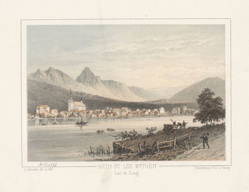 Paisagem do Lago Zug com ondas suaves e tons de crepúsculo por Jean Jacottet, pintura a óleo.