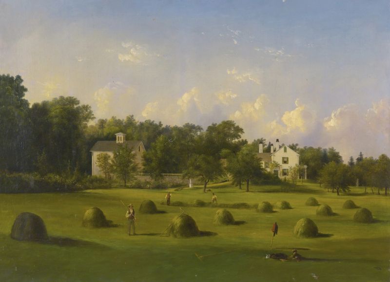 Harvesting Hay In Summer, oil painting by American School depicting workers in golden fields during summer.