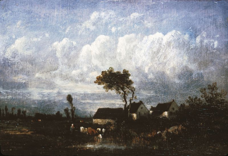 Landscape by Jules Dupré, oil on canvas depicting trees and a tranquil sky