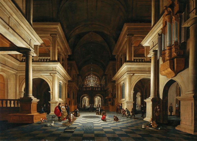 Interior of a church with elegant figures, oil painting by Anthonie de Lorme