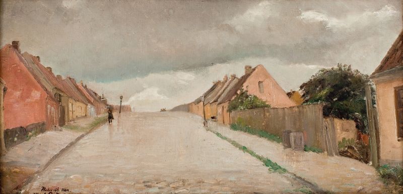 Landscape of Bakkegade i Hillerød by Albert Gottschalk, oil on canvas depicting sunlight on cobblestone streets.