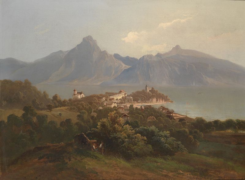 Landscape depicting Traunkirchen village by Theodor Freiherr von Ehrmanns, oil painting