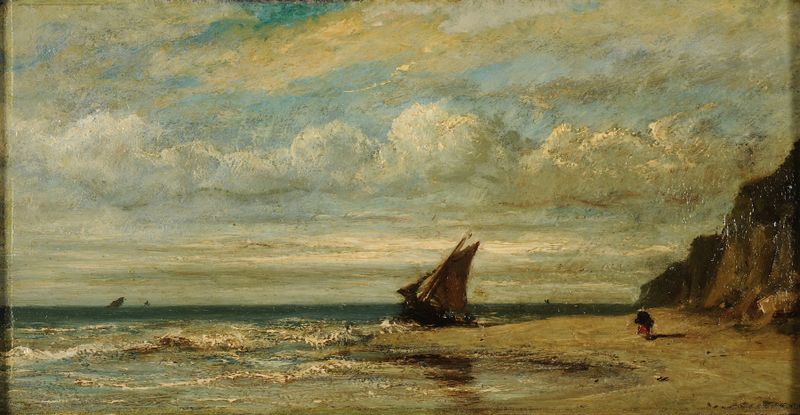 Paisaje marino de Jules Dupré, pintura al óleo que muestra olas calmadas y horizonte.