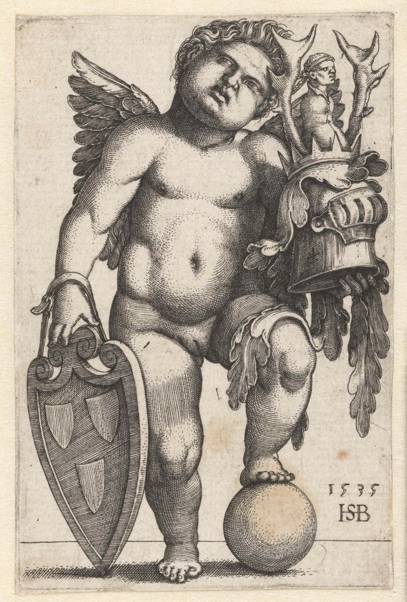 Gravura de Hans Sebald Beham apresentando um putto ao lado de um escudo heráldico