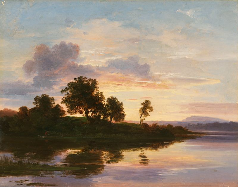 Paisagem ao crepúsculo com árvores e lago, óleo sobre tela de Christian Ernst Morgenstern