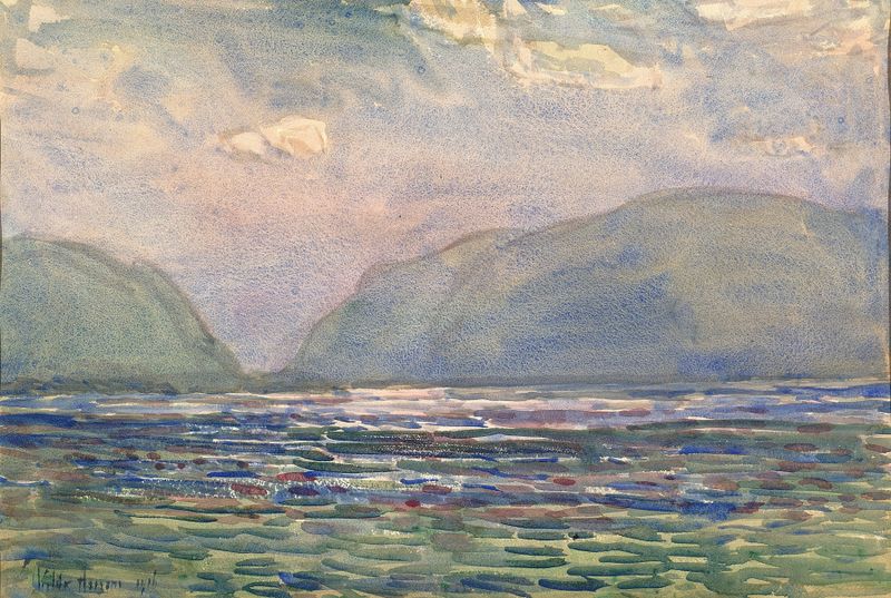 Noon above Newburgh, óleo sobre lienzo de Childe Hassam, que representa un río brillante bajo la luz del sol.