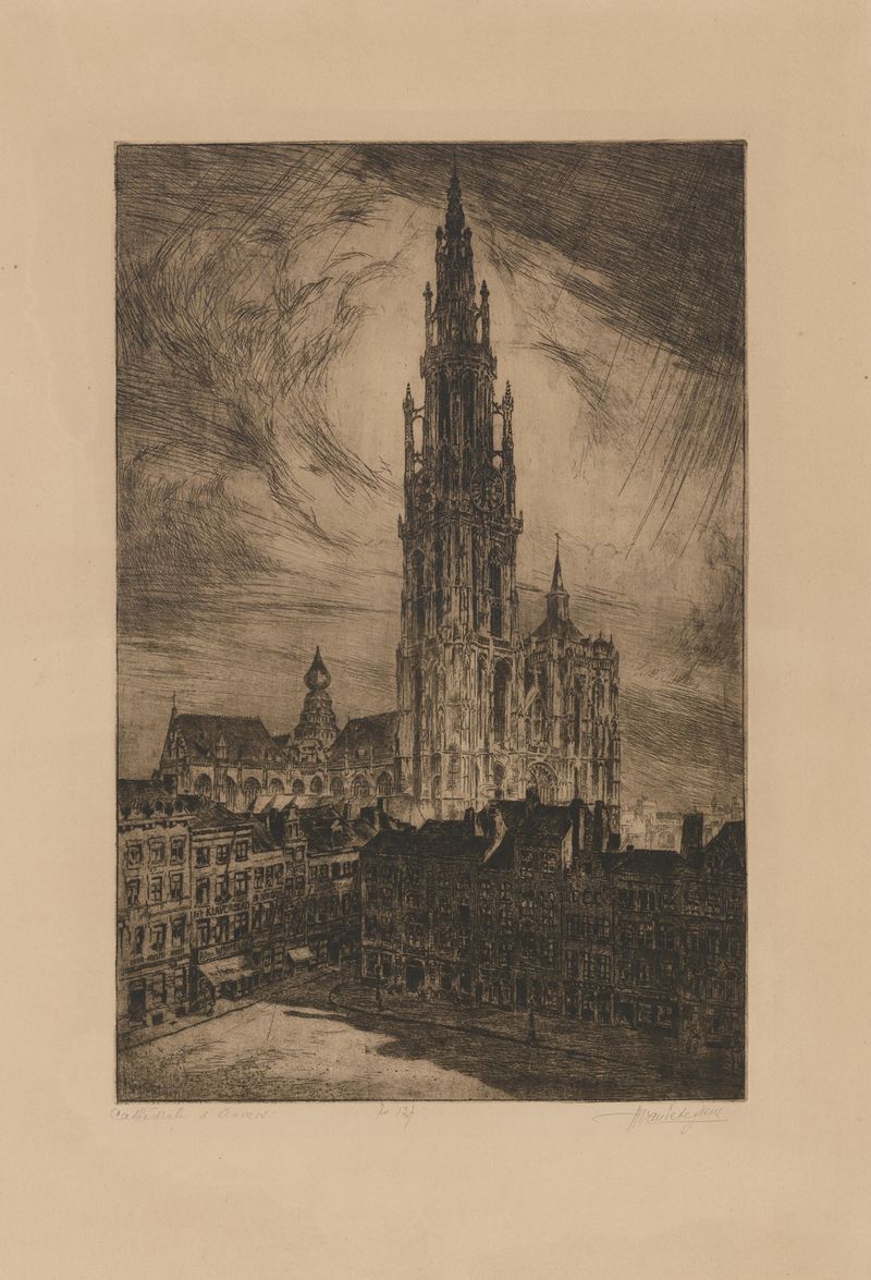 Oil painting by Louis-Joseph van Peteghem depicting Antwerp Cathedral with golden light.