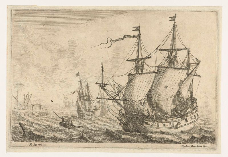 Gravura marinha de Reinier Nooms retratando barcos em um cais