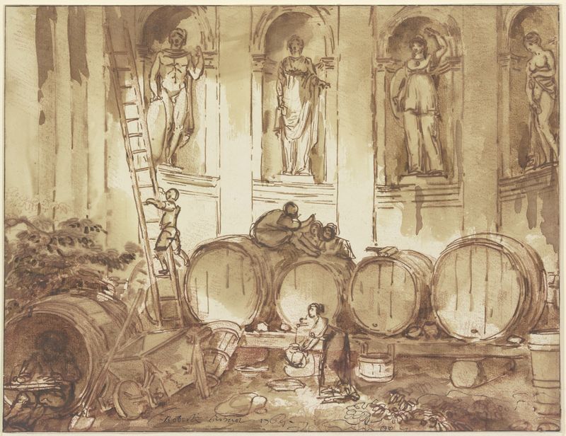 Interior rococó con barricas de vino y estatuas de Hubert Robert