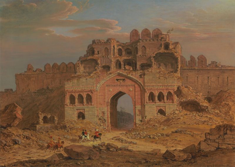 Oil painting by Robert Smith depicting an archway with sunlight at Purana Qila, Delhi.